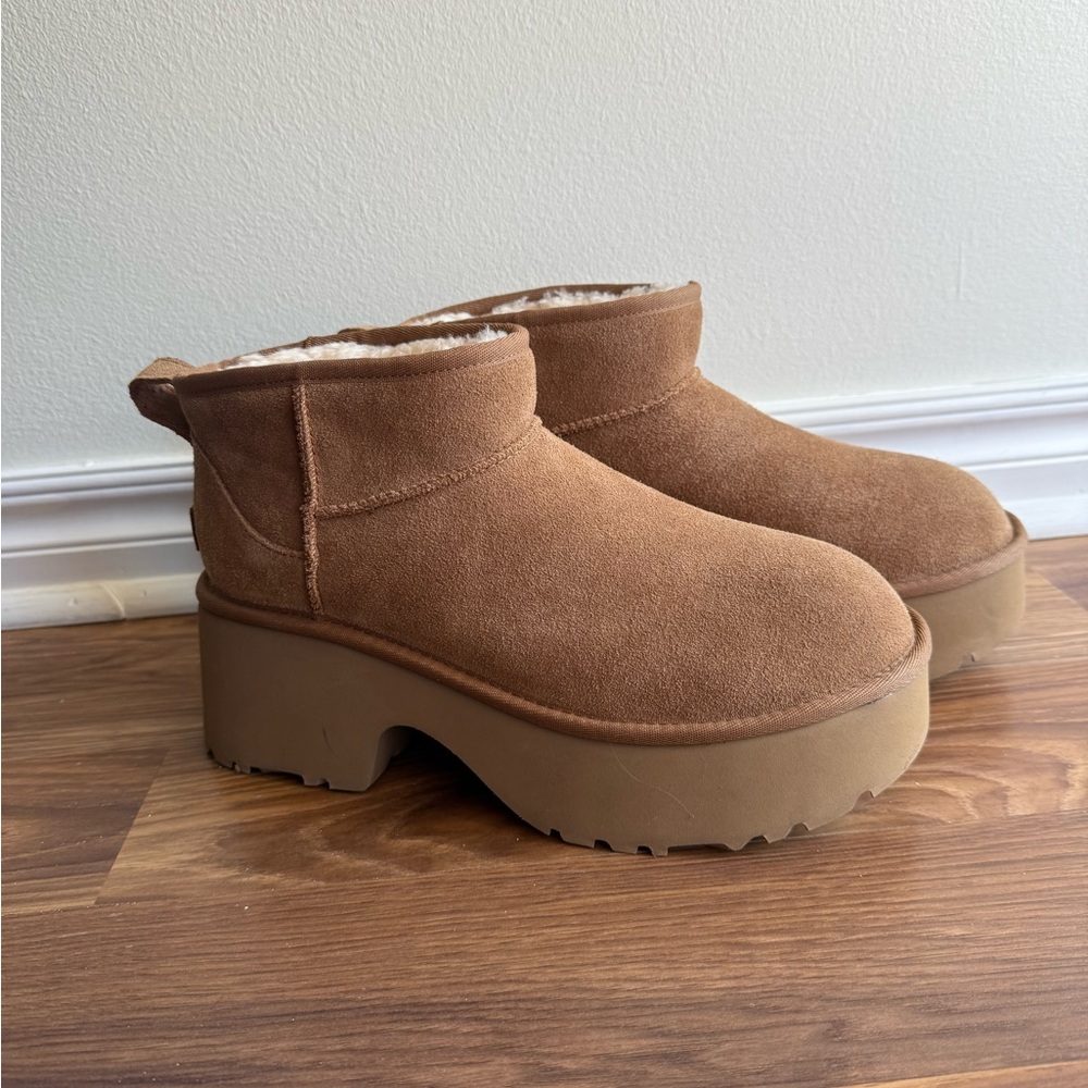 UGG Brown Suede Platform Boots Classic Ultra Mini New Heights